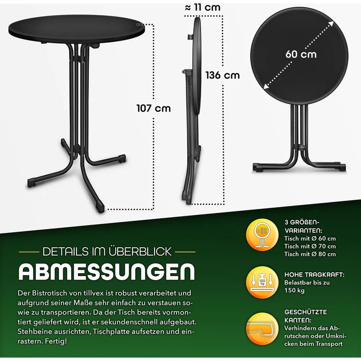 tillvex® Gastro Stehtisch klappbar Ø60cm schwarz | Bistrotisch FERTIG MONTIERT | Klapptisch rund - wetterfester Partytisch | Gartentisch Indoor & Outdoor – Bild 5
