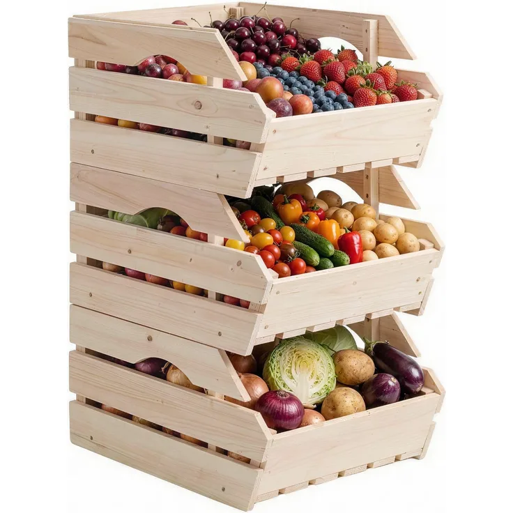 Obstkorb-Ständer aus Tannenholz mit 3 herausnehmbaren Etagen, für Obst und Gemüse, 27 x 37,5 x 60 cm, naturbelassen