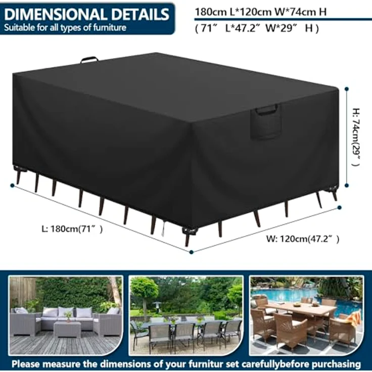 Aujink Abdeckung Gartenmöbel Winterfest, Wasserdichte Schutzhülle Gartenmöbel 420D Oxford Anti-UV Abdeckplane für Gartentische Terrassenmöbel Regenschutz und Staubfest Abdeckhaube Schwarz 180 x 120 x 74 cm – Bild 3