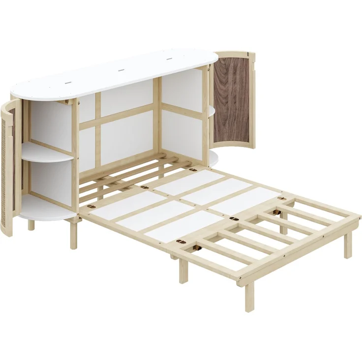 Wandschrankbett 140x200 cm, klappbar, mit Staufächern und Rattan-Front in Naturholz/Weiß – Bild 6