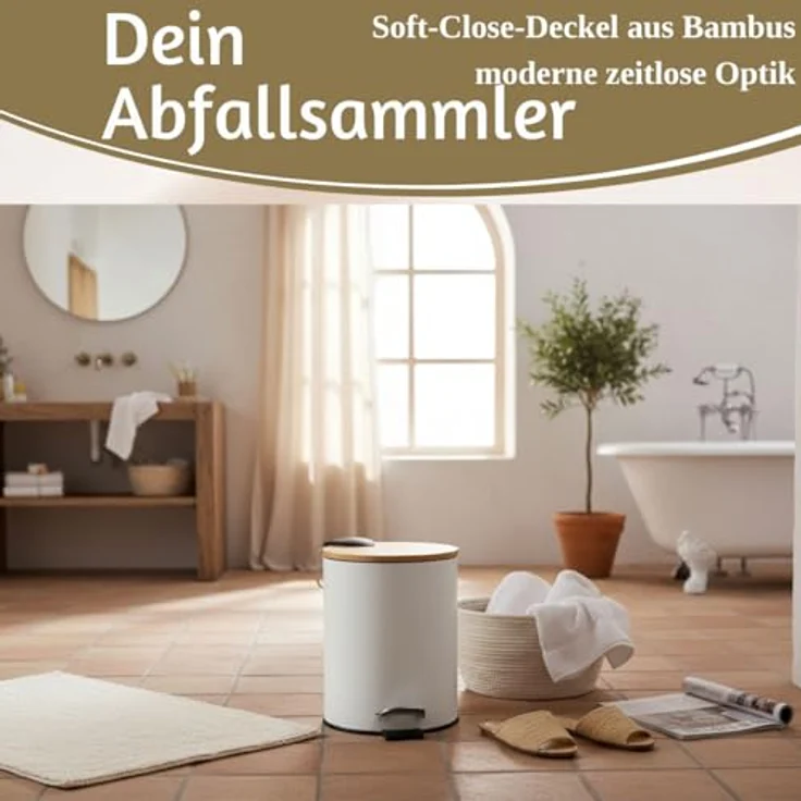 LS-LebenStil Kosmetikeimer Tretmülleimer 3L, Weiß Matt, Soft Close mit Bambus Deckel, Rund mit herausnehmbarem Inneneimer für Bad und Küche – Bild 3