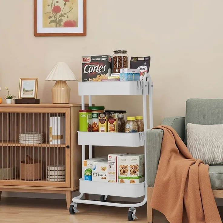 Home Nature Wohnkonzept Küchenrollwagen mit 3 Ebenen Weiß, platzsparender Rollwagen für Küche, Bad und Haushalt, 80 × 40 × 44 cm