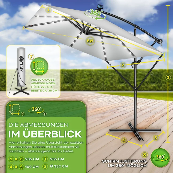 tillvex® Alu Sonnenschirm Rechteckig Ø 330 cm mit LED Solar Grau + Abdeckung mit Kurbel | Ampelschirm mit Ständer & Windschutz | Gartenschirm UV-Schutz, wasserdicht, 360° drehbar | Kurbelschirm Marktschirm – Bild 4