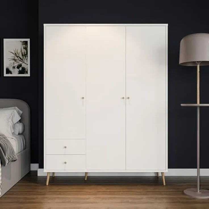 Forte HARLLSON Kleiderschrank 150 160, Mid-Century-Modern Stil, leichte Montage Dank EasyKlix by Forte, 3-türig, 2 Schubladen, Holzwerkstoff, Weiß, 154,2 cm breit x 201,7 cm hoch x 52,2 cm tief – Bild 2