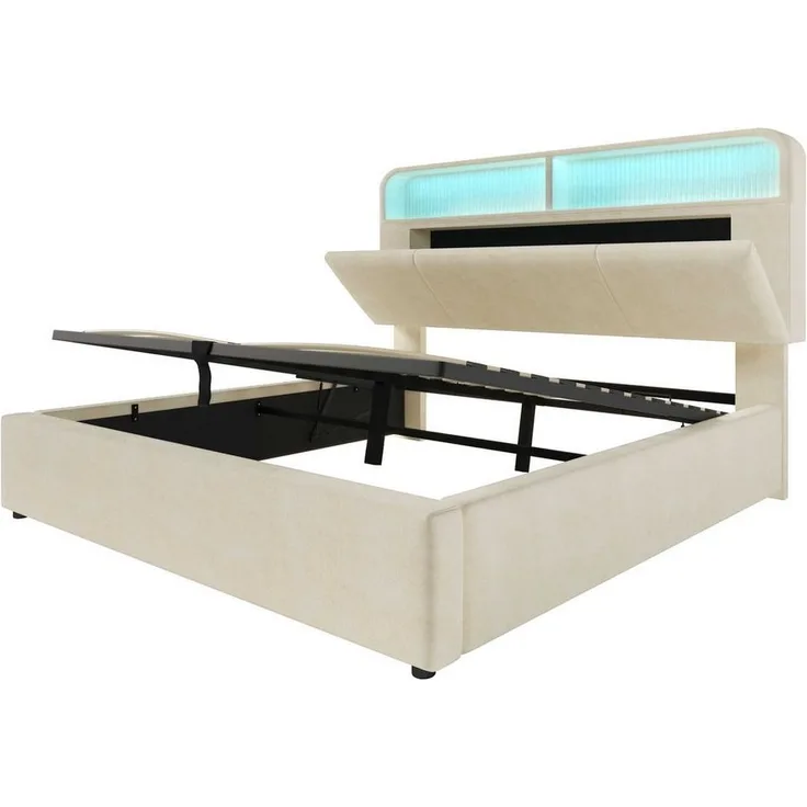 BlingBin Polsterbett Stauraumbett (1-tlg, mit Höhenverstellbares Kopfteil, LED, USB- & Typ-C-Ladestation), 140x200 cm hydraulischem Stauraum, stabilem Metallrahmen