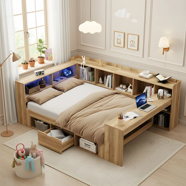 Merax Kinderbett, 140x200 cm Daybett, Tagesbett, Stauraumbett mit LED-Beleuchtung, USB Ladeanschlüsse und Schreibtisch, mit Regale & Schubladen, Naturfarbe – Bild 2