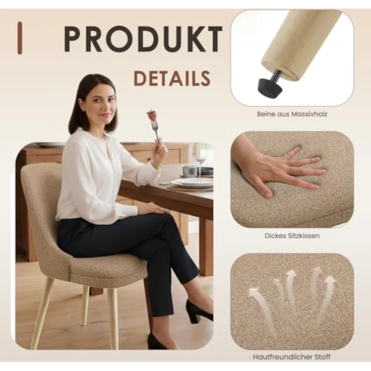 COLAMY Esszimmerstühle 2er Set, Gepolsterter Stuhl mit Holzbeinen, Hohe Rückenlehne für Esszimmer/Restaurant/Café, Kamel – Bild 4