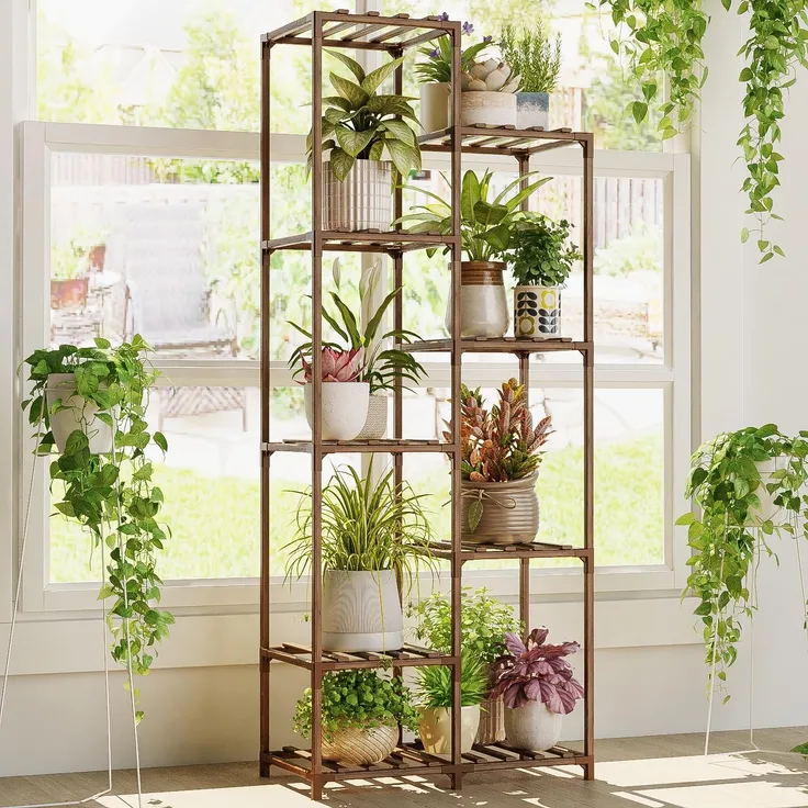 Bamworld Pflanzenständer Indoor Outdoor Hoch Blumenständer Holz Pflanzenregal für 9 Etagen Terrasse Balkon Garten Gartenarbeit Mutter Geschenke
