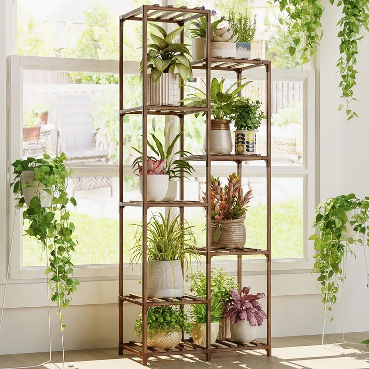 Bamworld Pflanzenständer Indoor Outdoor Hoch Blumenständer Holz Pflanzenregal für 9 Etagen Terrasse Balkon Garten Gartenarbeit Mutter Geschenke