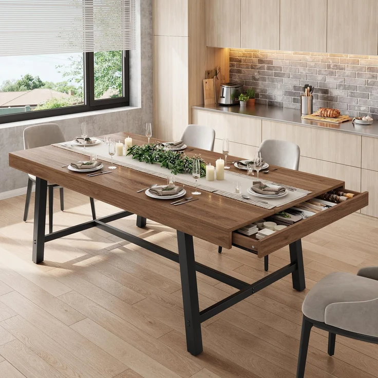 Jocoevol Esstisch, Langer Holz-Esstisch für 6–8 Personen mit 2 Schubladen, Stabiler Metallrahmen, Landhaus Küchentisch, 160 cm Langer Rechteckiger Esszimmertisch, Braun