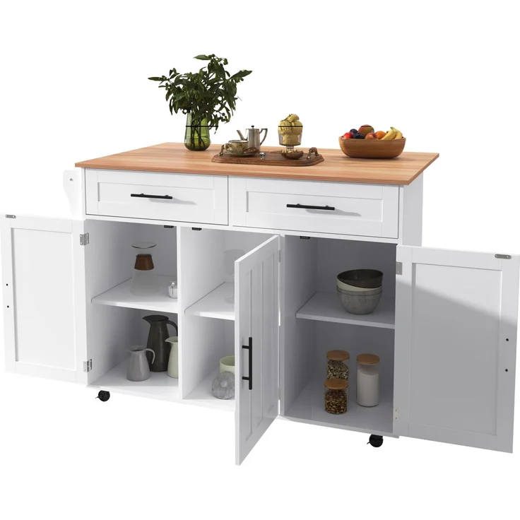 Merax 129*46(71)*91,5cm Küchenwagen Esstischwagen /Anrichte mit Klapptischplatte, Inneneinlegeböden in den Schranktüren, Kücheninsel auf 5 Rädern mit Stauschränken und 2 Schubladen, für das Esszimmer, weiß – Bild 10