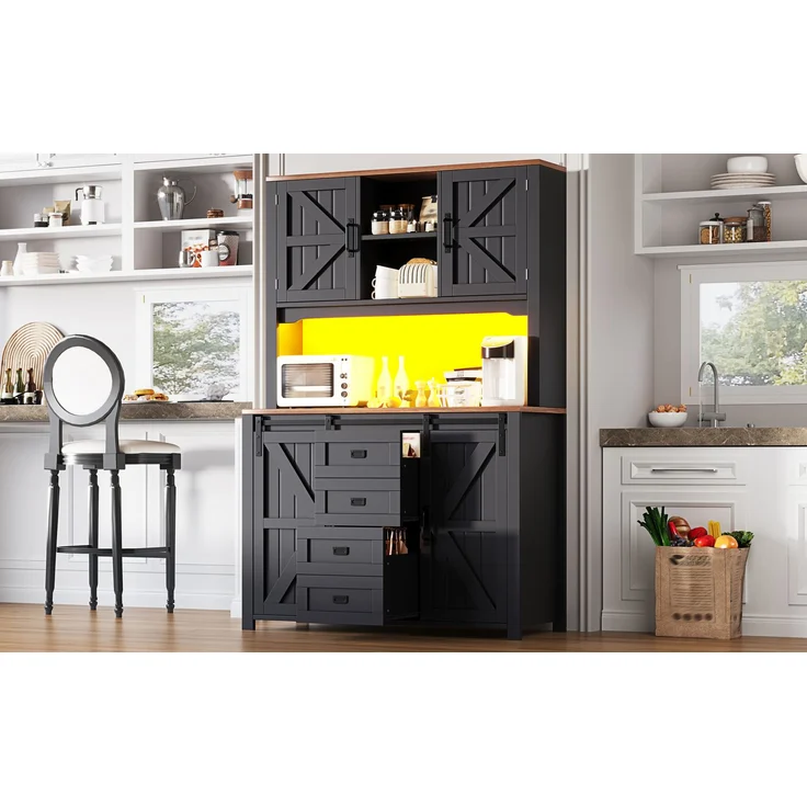 EINHOM Küchenschränke (115 x 40 x 174, 7 cm), Hohe Küchen sideboards, Sideboards, Küchenschränke mit Schiebetüren und LED-Beleuchtung, Schwarz/weiß – Bild 5