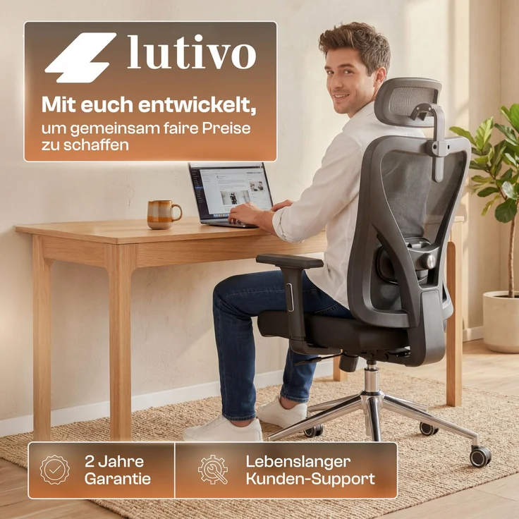 LUTIVO Alpha, ergonomischer Bürostuhl, Rückenlehne mit Mesh Bezug, 3D-Armlehnen, 3D-Kopfstütze, FluxWheels, Schwarz – Bild 7
