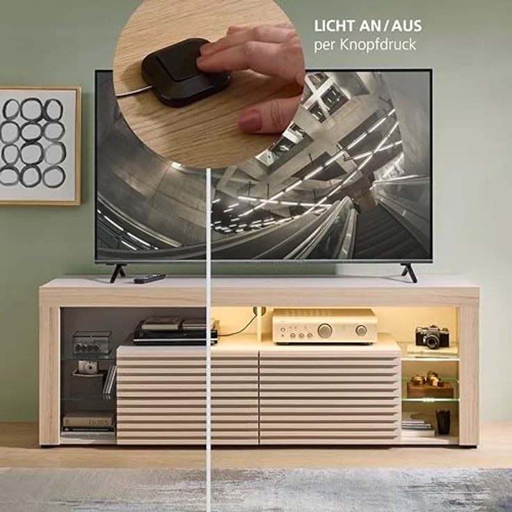 Goal 2 TV-Lowboard mit LED-Beleuchtung in Kaschmir, Riva Eiche Optik - TV Schrank mit viel Stauraum für Ihr Wohnzimmer - 179 x 67 x 44 cm (B/H/T) – Bild 4