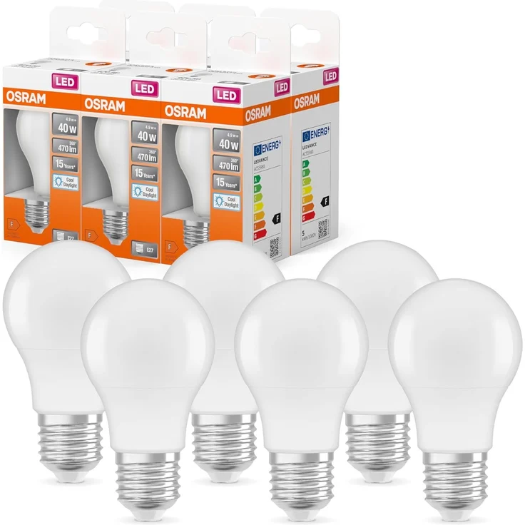 OSRAM LED Star Classic A, Sockel: E27, Nicht Dimmbar, Tageslichtweiß, Ersetzt eine herkömmliche 40 Watt Lampe, Matt, 6er-Pack, 6500k Tageslicht