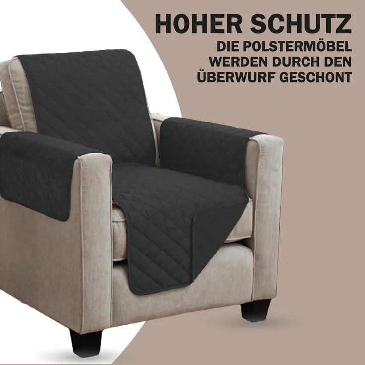 Sesselschoner ( Schwarz ) gesteppt - 190x165cm - Sesselauflage mit Armlehnen und Taschen - Sesselüberwurf ÖKO-Tex Schoner für Sessel - Überwurf – Bild 3
