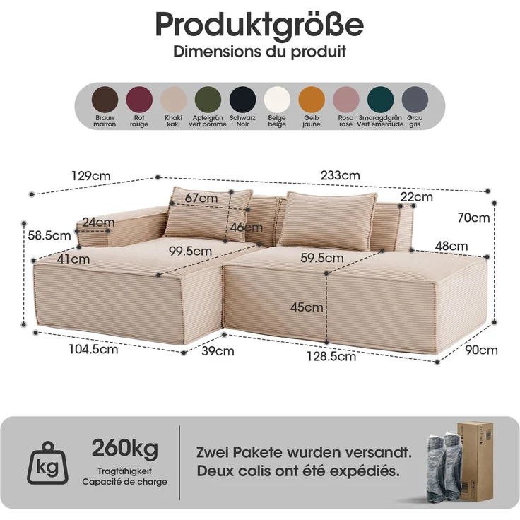 LVHOM Ecksofa 2 Sitzer, Modulares Sofa 235 cm breit, L-Form Sofa mit 2 Kissen, Schlafsofa aus Cordstoff, kein Aufbau erforderlich, Khaki – Bild 6
