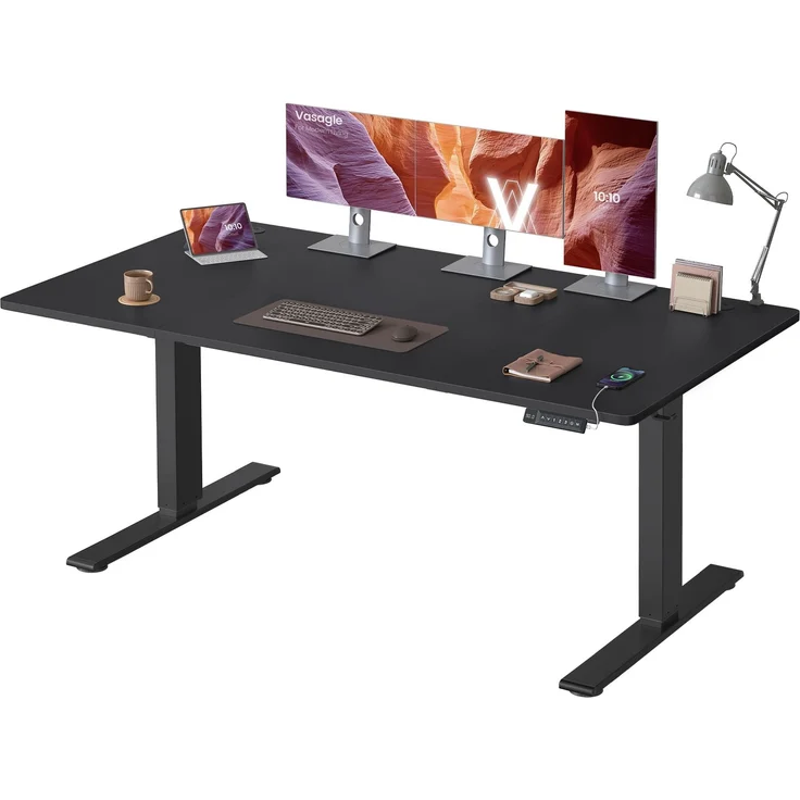 VASAGLE Höhenverstellbarer Schreibtisch, 160x80 cm, USB-C-Anschluss, Ablage für Steckdosenleiste, Stehtisch, Erinnerung bei langem Sitzen, 3 Speichertasten, für Büro, tintenschwarz LSD146BZ02 – Bild 1