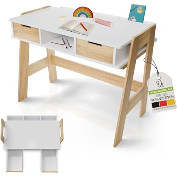 Juskys Kinder Schreibtisch Fietje - höhenverstellbar, 2 Schubladen, robustes Material, kratzfest, viel Stauraum - Kinderschreibtisch aus Holz – Bild 2