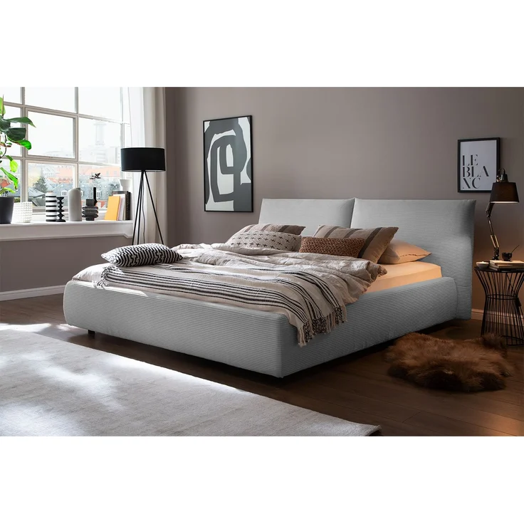 KAWOLA Bett HENRY Polsterbett Cord hellgrau 160x200cm – Bild 1