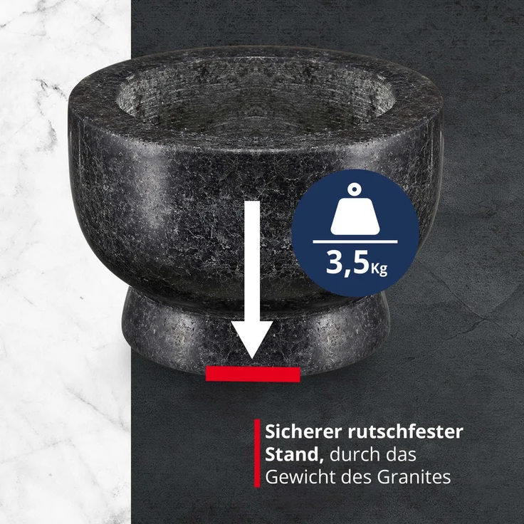 MEISTERKOCH Mörser mit Stößel Granit für Gewürze, Schwarz groß XXL mit 3,5 kg rutschfest, polierter Steinmörser, Innenfläche & Stößelspitze rau, Gewürzmörser massiv mit 15cm Ø & 450ml – Bild 2