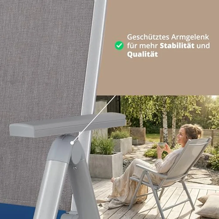 KHG Gartenstuhl Hochlehner Alu Klappstuhl, 8-Fach verstellbare Rückenlehne | silber grau wetterfest rostfrei, 120 kg belastbar, Balkonstuhl, Kunststoff, vormontiert, vielseitig kombinierbar – Bild 7