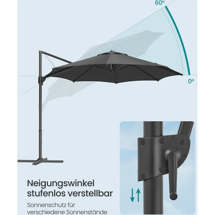 SONGMICS Sonnenschirm, Ampelschirm, 300 cm, UPF 50+, Gartenschirm, um 360° drehbar, Neigungswinkel stufenlos verstellbar, mit Kurbel, Kreuzfuß, Grau – Bild 3