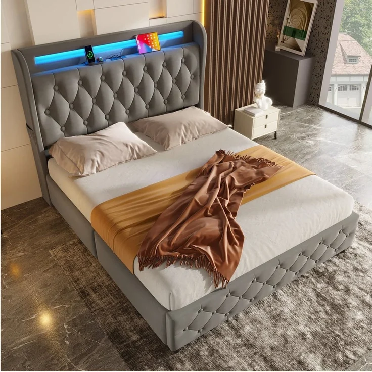 STILVORA Polsterbett 140x190 Stauraumbett mit Schubladen Jugendbett mit LED Samt-Stoff (Packung, 1-tlg, Kopfteil mit Einlegeböden und Stauraum), Doppelflachbett mit 4 Schubladen, Samt (ohne Matratze) – Bild 2