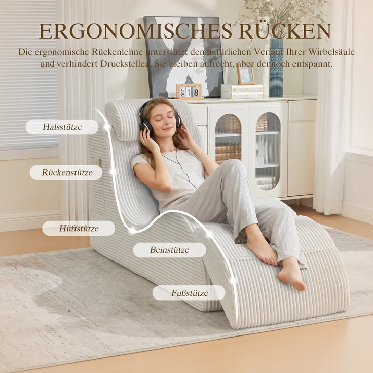 LVHOM Relaxsessel Ergonomisches Design, Lesesessel mit verstellbarer Kopfkissen und Sitzkissen, Fernsehsessel mit Seitentasche, Cord Bezug, bis 200kg belastbar – Bild 5