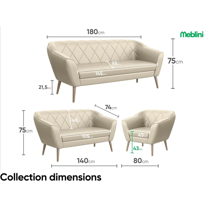 MEBLINI Sessel-Set GISELA 1+1 - Creme Kunstleder - für Wohnzimmer - Mini Lounge für zwei Personen - Sitzgarnitur - Polstergarnitur – Bild 7