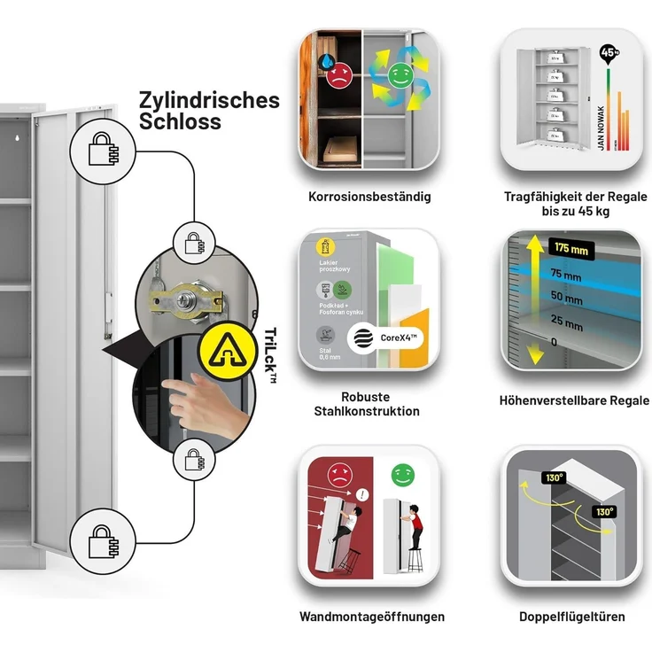 Jan Nowak Metall Spind Kompakt Mit Tür Und Schloss 4 Höhenverstellbare Einlegeböden Robuste Stahlkonstruktion Höhe 1750 mm Tiefe 400 mm Farbe Grau Kompatibel Mit Aufsatz Compact – Bild 6