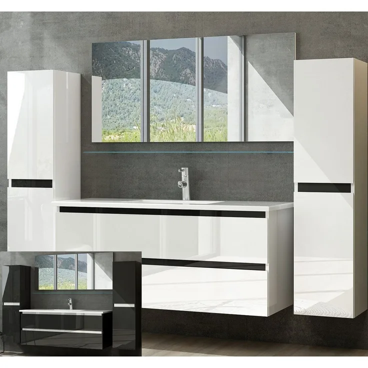 Homeline Badmöbel-Set Deniz und Marcel New in 3 Größen, (Komplettes Badmöbel Set, 6-St, Badmöbel Weiß Hochglanz bis 6 Teilig Badezimmermöbel), Hochglanz Optik Mit 2 Schubladen