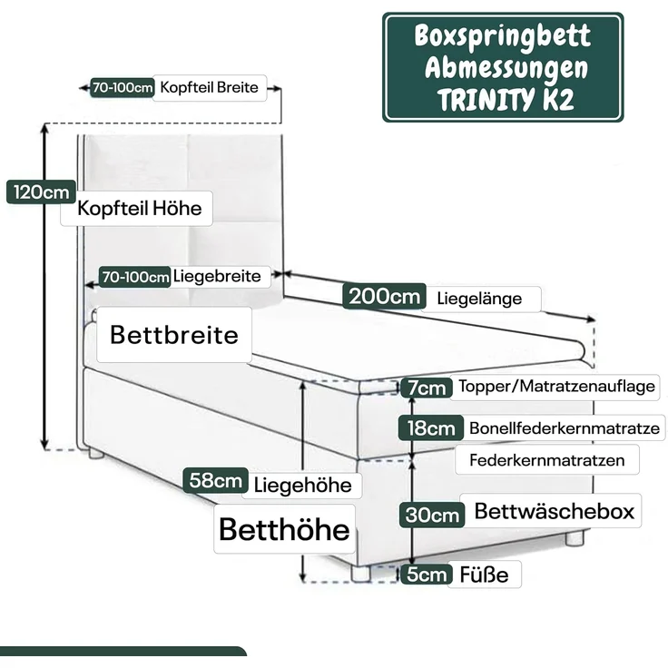 Best for Home Boxspringbett K2 SINGLE mit Bettkasten (Grun 90x200) – Bild 5