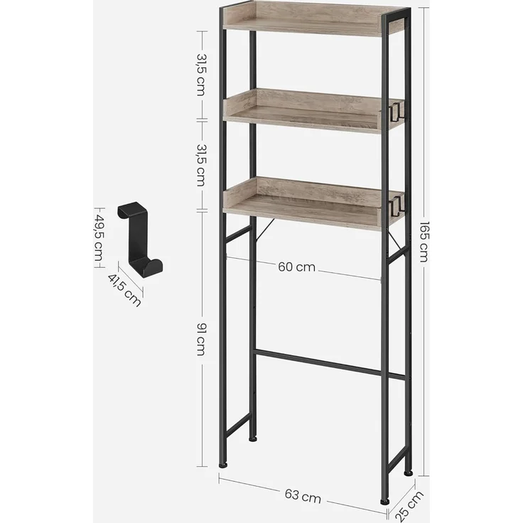 Vasagle Toilettenregal mit 3 offenen Ablagen, Holz | Stahl Greige-Schwarz, 63 x 25 x 165 cm – Bild 3