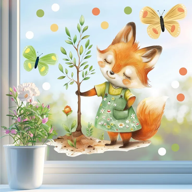 Sunnywall Fensterdekoration wiederverwendbares Fensterbild Fleißiger Fuchs Gärtnerin Baum, wiederverwendbar, statisch haftend, beidseitiger Druck