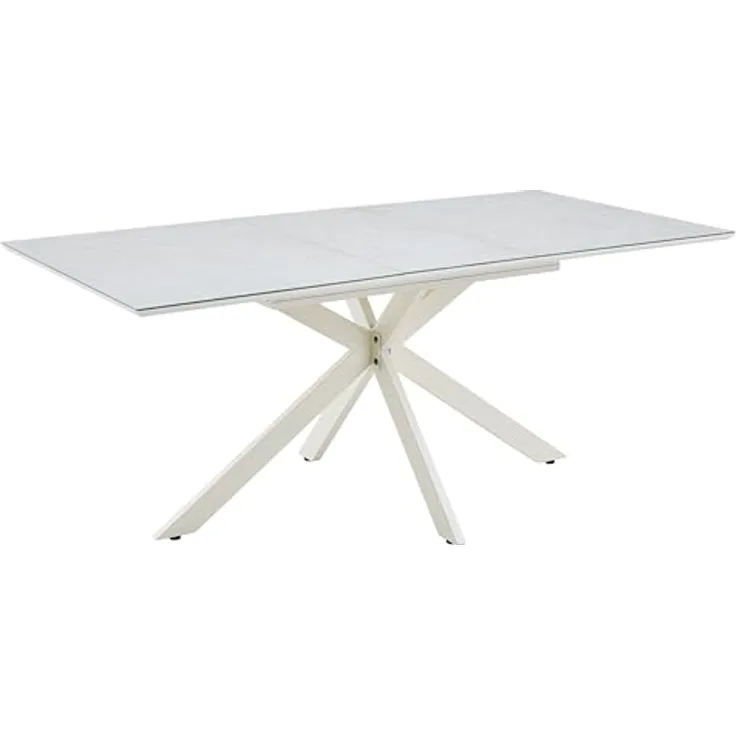 Hela Tische, Auszugstisch Esstisch Fenja, Glasauflage Keramikoptik beige, Schweizer Kante,Stern-Metall-Gestell Cremé mit Arretierung, Maß 140-180x90cm
