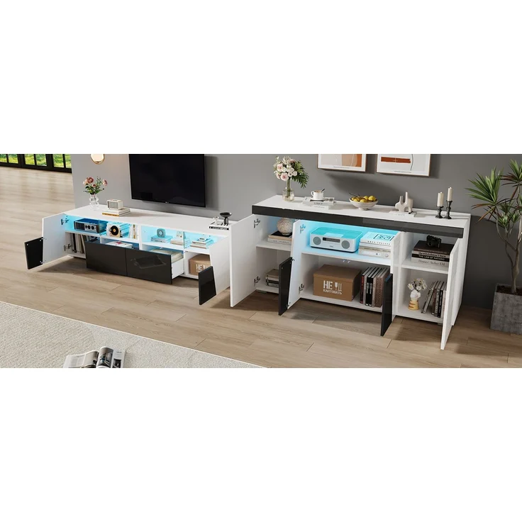 ZUBALIYA Wohnzimmerset 180x38,5x45 cm, mit LED-Beleuchtung, Hochglanz, aus Spanplatte, Weiß – Bild 16