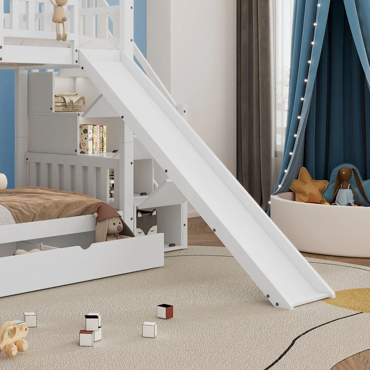 Etagenbett Hausbett 90x200 mit Treppe Stauraum Rutsche Schubladen Kinderbett Hochbett Spielbett Kiefernholz Weiß – Bild 5