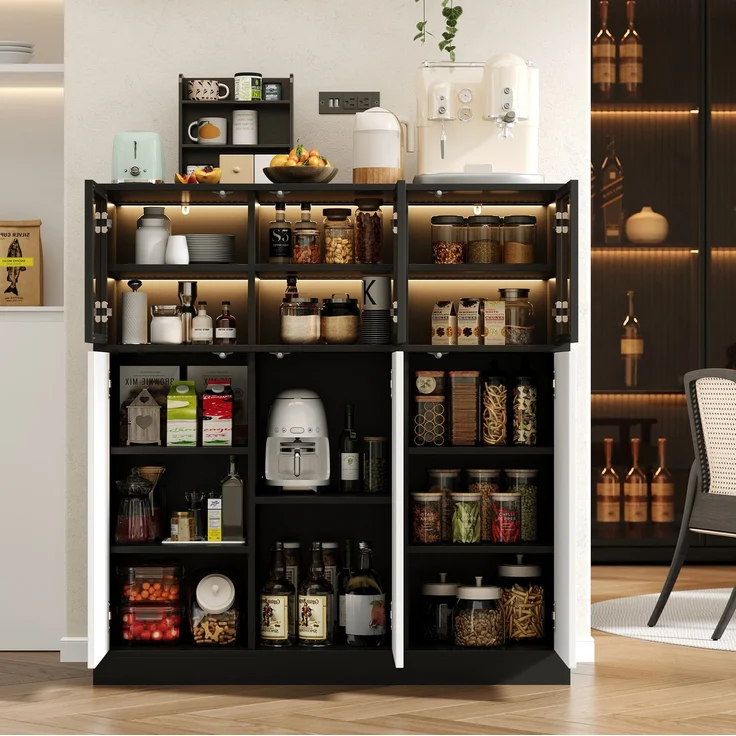DESVIAE Sideboard mit LED-Beleuchtung und 6 Türen 100x105x40 cm Spanplatte Glas Schwarz Weiß – Bild 5