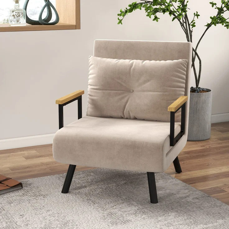JARDJ 3-in-1-Schlafsofa mit 5-fach verstellbarer Rückenlehne, Armlehnen und Kissen aus Holz, Bezug in Samtoptik, beige – Bild 3