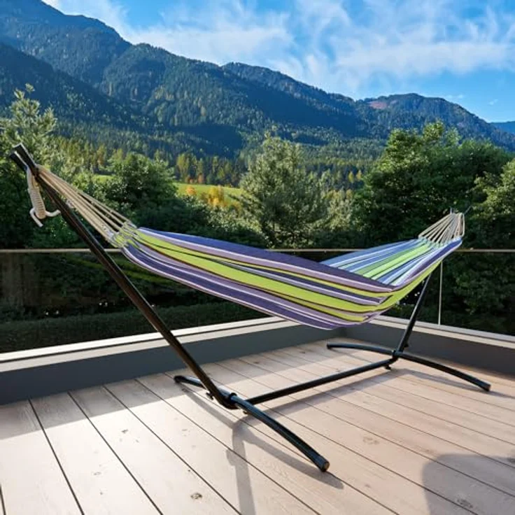 GARMIO Hängematte mit Stahlgestell, 200kg Belastbarkeit, klappbar, Blau-Grün, 270x110x105cm, inkl. Zubehör & Tragetasche, pflegeleicht – Bild 4