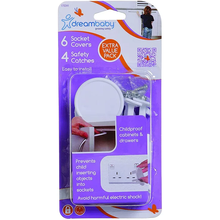 Dreambaby Steckdosenabdeckung und 4 Federverschlüssen, Packung mit 6, Farbe Weiß