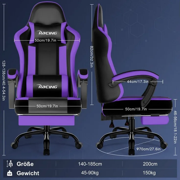 Hiazurm Gaming-Stuhl Gaming Stuhl Chair Gamer Sessel - Ergonomischer Gamer Stuhl (Tragkraft 150 Kg), Gamingstuhl mit Fußstütze Kopfstütze und Lordosenstütz PC Sessel