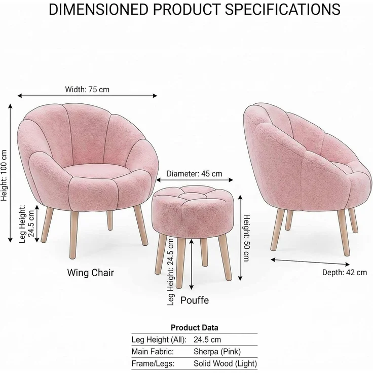 Hanah Home Elegantes Ohrensessel- und Pouf-Set (3-teilig), Rosa, 100% Wellssoft-Stoff, 18 mm Melaminplatte | Perfekt für gemütliche Wohnräume – Bild 4