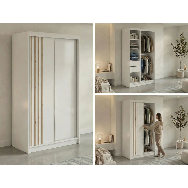 Schwebetürenschrank NAURU mit Lamellen-Optik, moderner Kleiderschrank, Breite 120 cm, inkl. Innenausstattung & Stauraum, Akustikpaneel-Design - Weiß und Aristan-Eiche - mit Schubladen – Bild 2