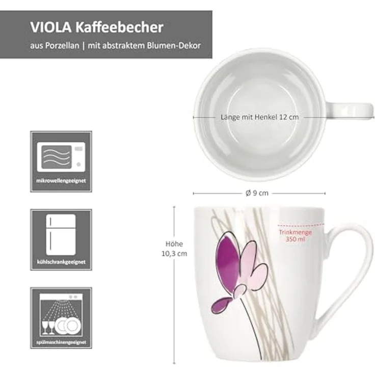 MamboCat Becher 6er Set Viola Kaffeebecher 350ml Porzellan-Tassen 6 Personen Blumen, Porzellan – Bild 6