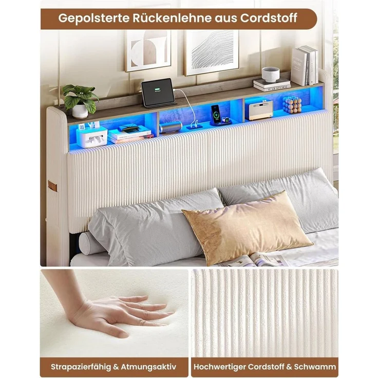 MSMASK Polsterbett Schwebebett mit 270°-LED-Beleuchtung, USB & Type-C Ladestation (Ohne Matratze), Doppelbett mit Stauraum-Kopfteil 180x200 cm – Bild 4