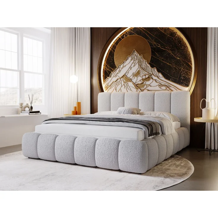 GRAINGOLD Cloud Bett 160x200, Polsterbett mit Bettkasten, Bouclé-Stoff, mit Kopfteil, Hellgrau – Bild 1
