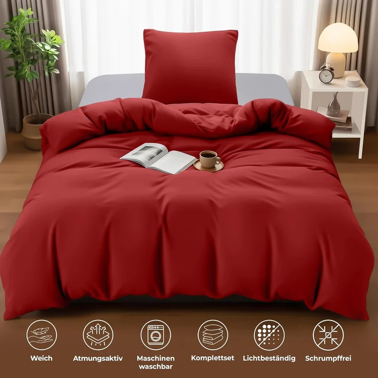 Utopia Bedding Bettwäsche 135x200 Set - Mikrofaser Bettbezug 135x200 cm + 1 Kissenbezug 80x80 cm - Rot – Bild 5