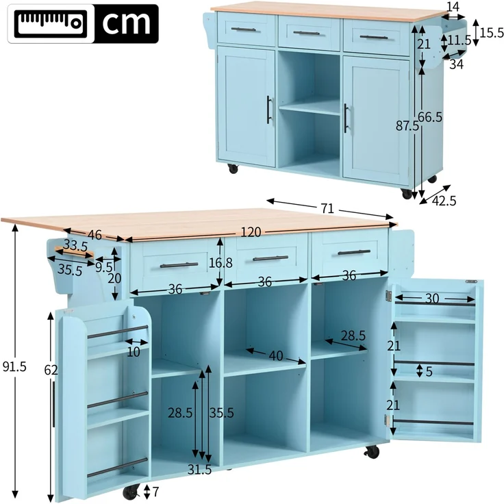 Küchenwagen mit klappbarer Arbeitsplatte & Stauraum, 139x46(71)x91,5 cm, Blau – Bild 5